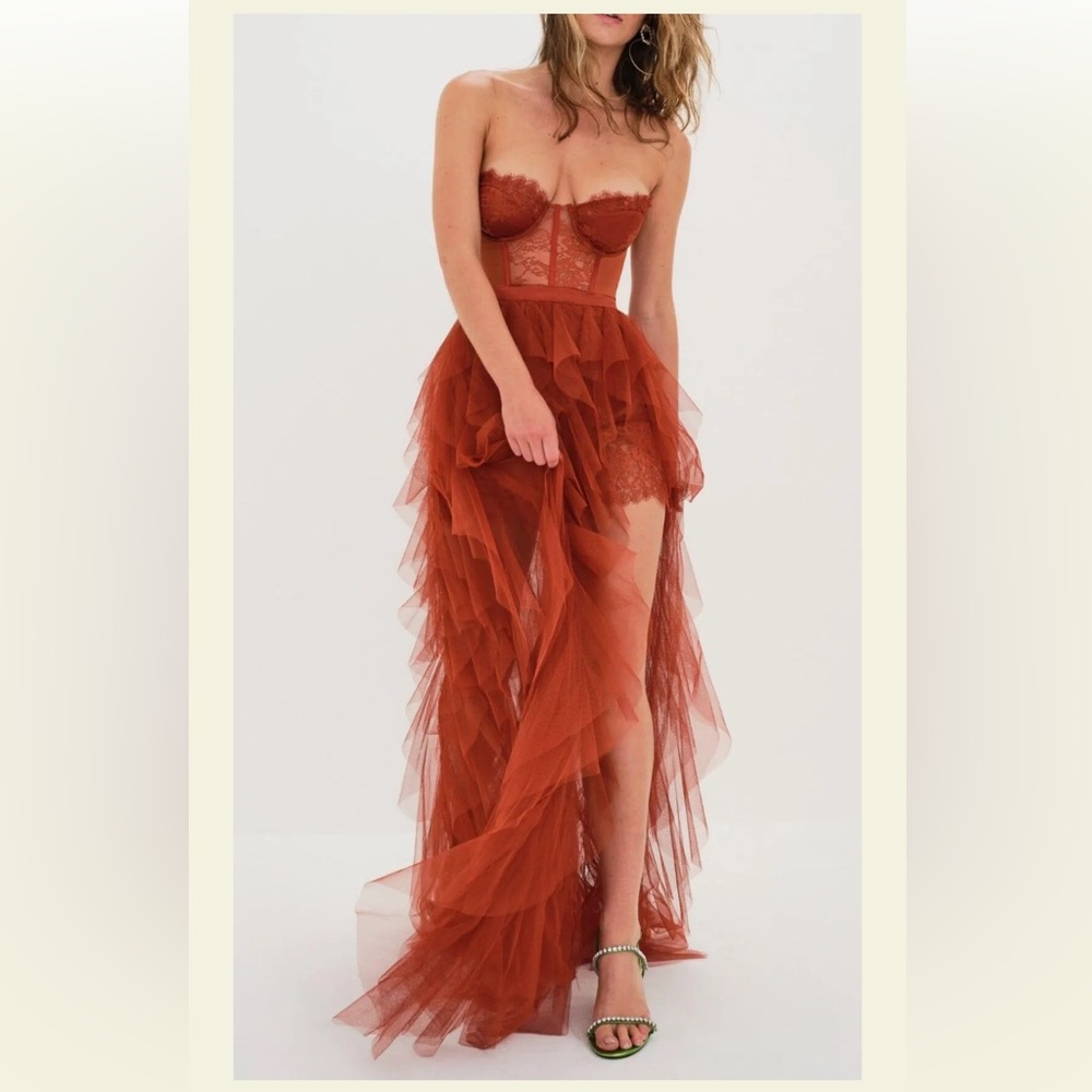 For Love And Lemons Bustier Strapless Dress in Rust Red